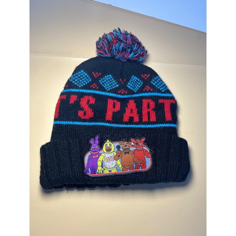 Five Nights at Freddys Its Party Time Beanie Hat Pom Embroidered Patch Black